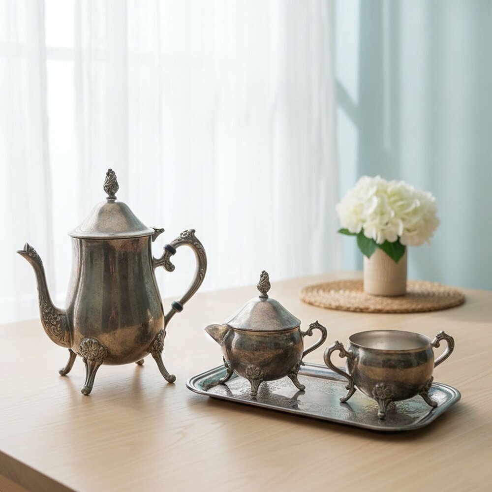 Vintage Silver Plated Copper 5-Piece Tea Coffee Set - WA Rogers Victorian